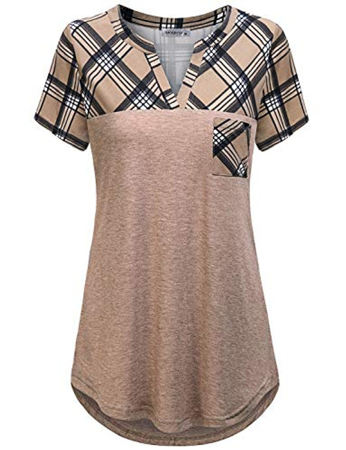 MOQIVGI Summer Tops for WomenTrendy Buffalo Plaid Shirts Ladies Fancy Cute Patchwork Casual Blouse Classy Short Sleeve Vneck Shirttail High Low Hem Boutique Tunic Apricot Medium