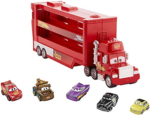 Disney Cars Toys and Pixar Cars Mack Mini Racers Hauler with 5 Miniature Metal Vehicles Lightning McQueenS Transporter Birthday Gift for Kids Ages 4 Years and Older GWN55