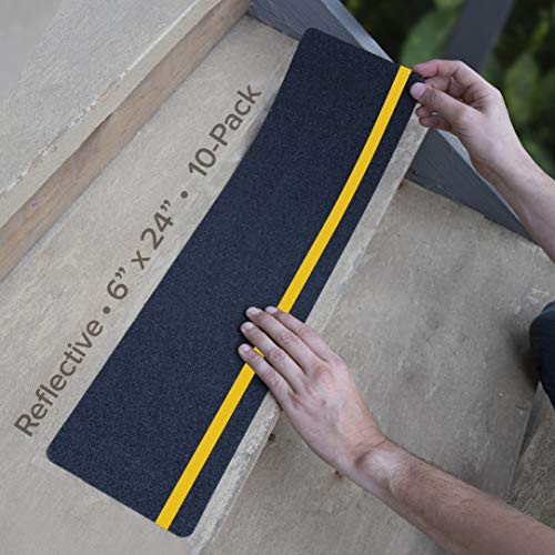 LifeGrip Anti Slip Traction Treads with Reflective Stripe -10-Pack- 6" X 24" Best Grip Tape Grit Non Slip Outdoor Non Skid Tape High Traction Friction Abrasive Adhesive for Stairs Step Black LifeGrip Anti Slip Traction Treads with Reflective Stripe -10-Pack- 6" X 24" Best Grip Tape Grit Non Slip Outdoor Non Skid Tape High Traction Friction Abrasive Adhesive for Stairs Step Black