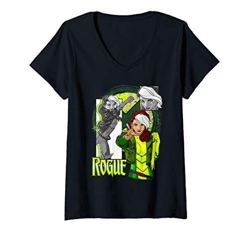 Womens Marvel X-Men Rogue Collage Panel Logo V-Neck T-Shirt