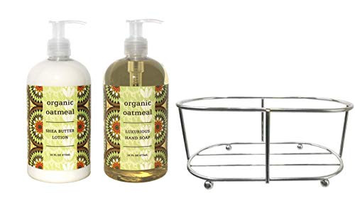 Three Piece Set- Hand  and  Body Lotion and Hand Soap Duo Set Enriched With Shea Butter 16 oz ea. in a Chrome Caddy Collection -Organic Oatmeal-