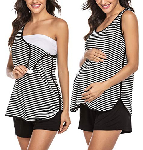 Ekouaer Soft Maternity-Nursing Nightgown Pjs SetBreastfeeding Nightwear Black M