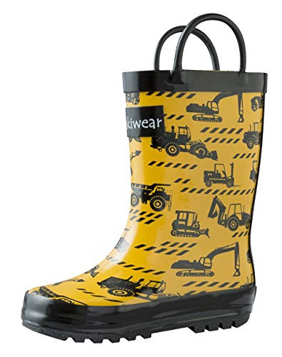 OAKI Kids Rubber Rain Boots with Easy-On Handles Construction Vehicles 4T US Toddler