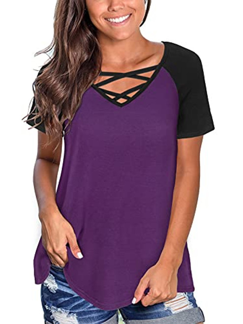 Womens Summer Short Sleeve t-Shirt Color Block Tunic Tops Criss Cross Tee v Neck Casual Loose Blouse Tops Purple Large Womens Summer Short Sleeve t-Shirt Color Block Tunic Tops Criss Cross Tee v Neck Casual Loose Blouse Tops Purple Large