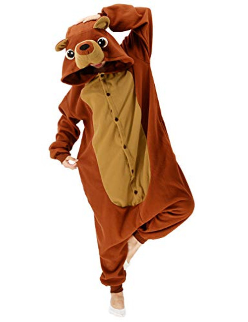 ANACOSPLAYONE Adult Brown Bear Onesie Pajamas Cosplay Animal Christmas Sleepwear Jumpsuit Costume Women Men