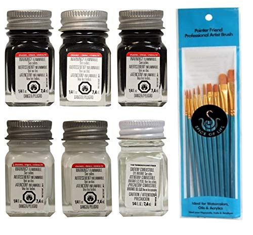 Testors Enamel Model Paints Flat White Gloss White Flat Black Semi-Gloss Black Gloss Black and Thinner 1-4 oz -Pack of 6- - with Spice of Life Paint Brush Set