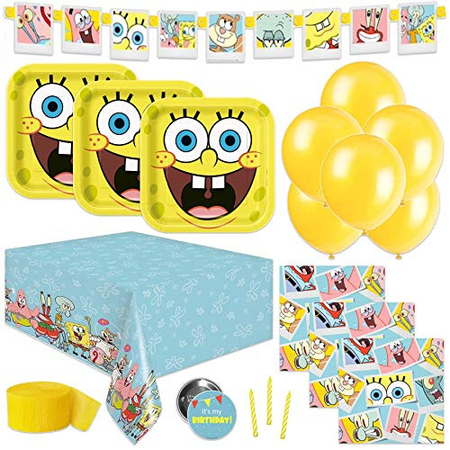 Spongebob Party Supplies Set - Serves 16 Guests - - Spongebob Birthday Party Supplies Including Table Cover Banner Decoration Plates Napkins Balloons Crepe Streamer Candles and Button