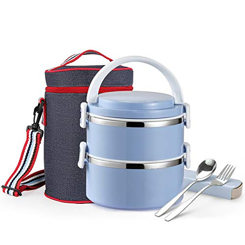 TiLeMiun 2 Layer Stackable Bento Lunch Box Insulated Stainless Steel Compartment Lunch Container with Lunch Bag and Cutlerly BPA-Free -2 layer Blue-