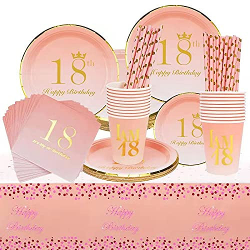 18th Birthday Decorations Party Supplies Set - Includes Plates Cups Napkins Straws TableclothPerfect for Girls 18 Birthday Party - Serves 24