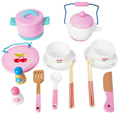 Wooden Tea Set for Little Girls  Pretend Food Play Kitchen Toy for Toddlers Great Pink Kids Tea Party Set Gift for 2 3 4 5 Year Old Girls and Boys