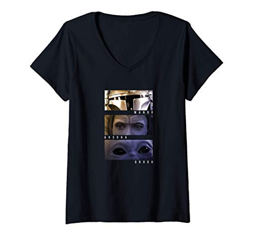 Womens Star Wars- The Mandalorian Mando Ahsoka Grogu Panels V-Neck T-Shirt