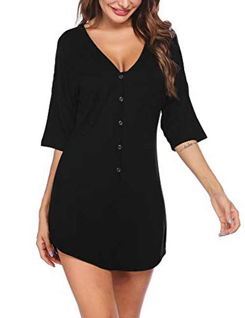 Ekouaer Nightgown Button Down Nightshirt Short V Neck Night Shirts Womens Boyfriend Sexy Sleepwear S-XXL -Black-A Medium-