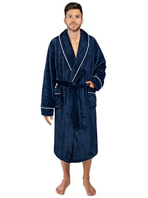 PAVILIA Mens Soft Robe Navy Blue - Warm Fleece Robes for Men Soft Spa Bathrobe with Piping Shawl Collar and Pockets -Navy Blue-