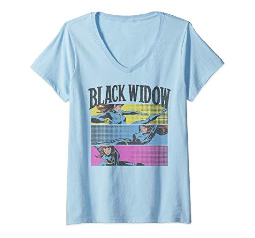 Womens Marvel Black Widow Comic Panels Action Shot V-Neck T-Shirt
