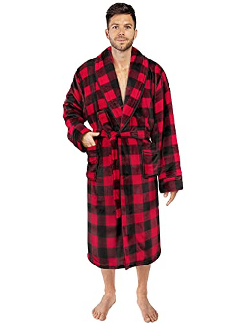 PAVILIA Mens Soft Robe Plaid Red - Warm Flannel Fleece Robes for Men Soft Spa Bathrobe with Piping Shawl Collar and Pockets -Buffalo Checker Red-