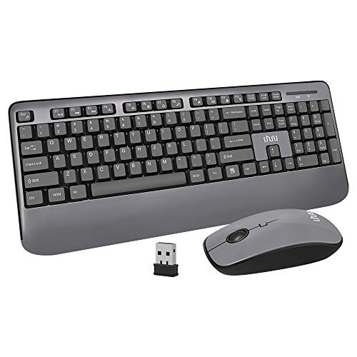 Wireless Keyboard and Mouse UHURU 2.4GHz USB Full-Sized Keyboard and Mouse Combo Wireless Keyboard with Palm Rest 3 Level Adjustable DPI Mouse for PC Laptop Windows -Grey-