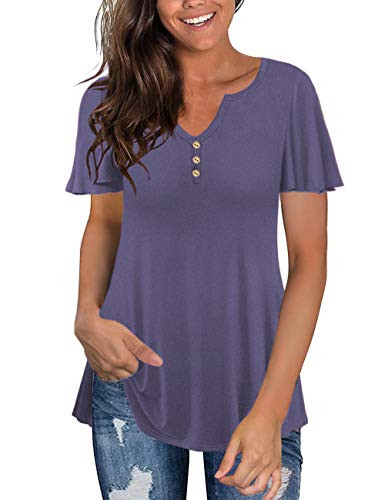 Tralilbee Plus Size Tops V Neck Floral Casual Short Sleeve Blouses for women Purple Gray 3XL