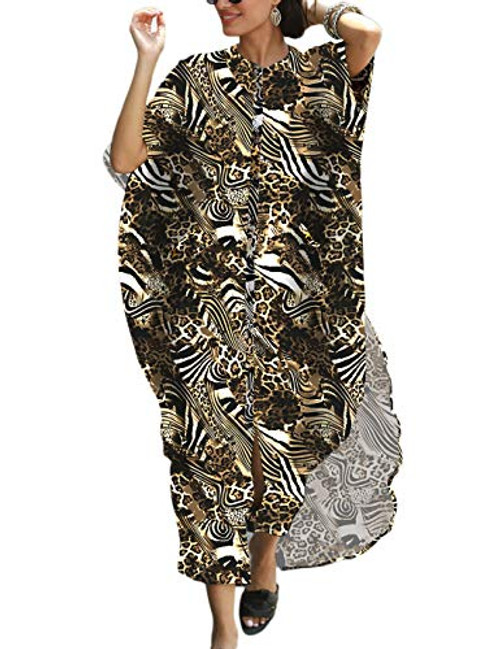 Eddoyee Zebra Leopard Print Long Kaftan Dresses for Women Button Up Beach Shirt Swimsuit Cover Up