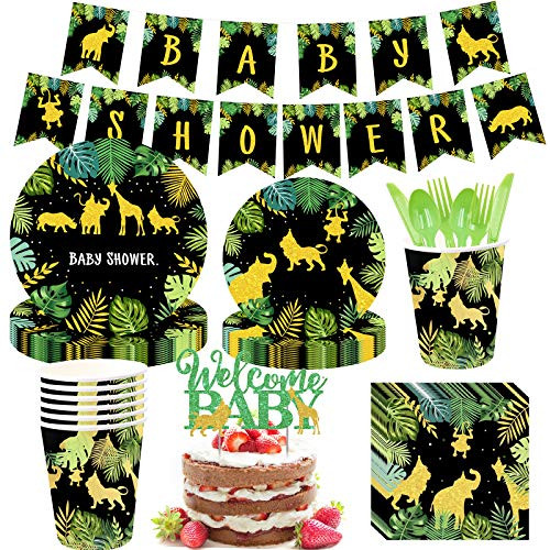 NEI Baby Shower Party Supplies Black Gold Party Tableware Set 114Pcs Disposable Plates Paper Cups Plates Napkins Banner Cake Topper for Baby Showers 1st Birthday Decorations - Serves 16