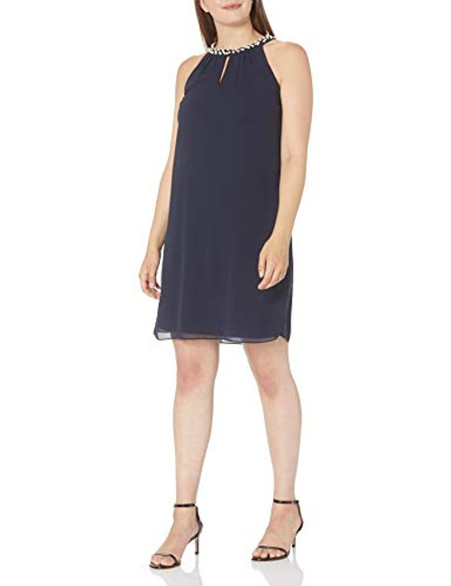 S.L. Fashions Women's Sleeveless Cutout Pearl Neck Navy Dress 8