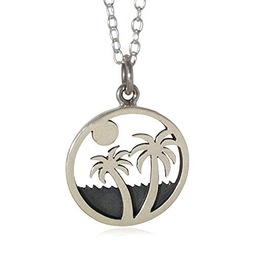 Sterling Silver Palm Trees on Island Cutout Charm Necklace 18"