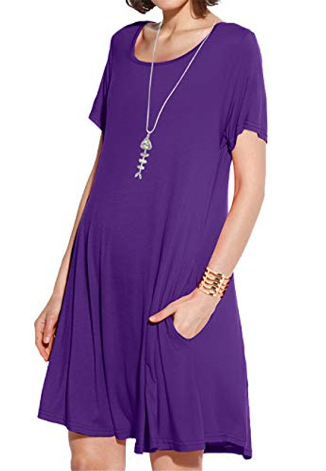 JollieLovin Women's Pockets Casual Swing Loose T-Shirt Dress -Deep Purple 2X-