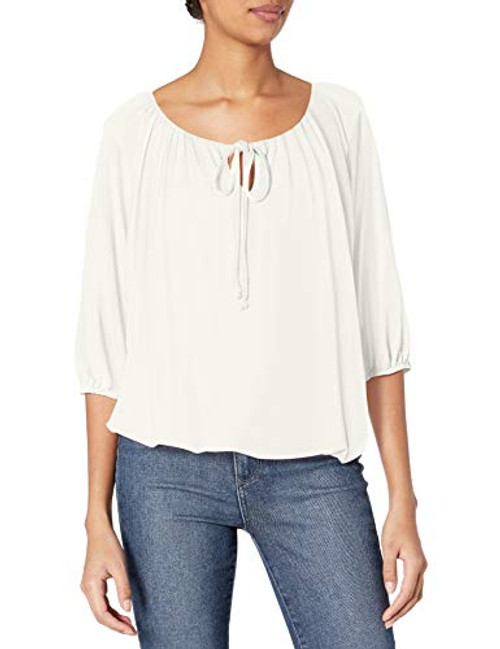 Star Vixen Women's 3-4 Sleeve Front Tie Peasant Top Ivory Medium