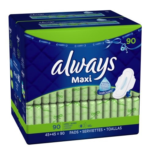 Always Maxi Long-Super With Wings Unscented Pads 90 Count