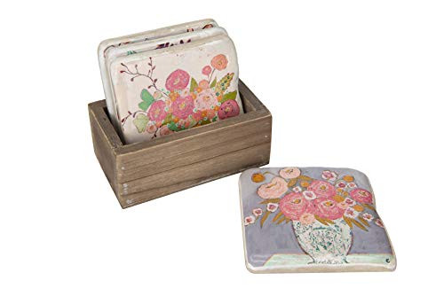 Creative Co-op Resin Floral Wood Holder (Set of 4) Coasters, Multicolored