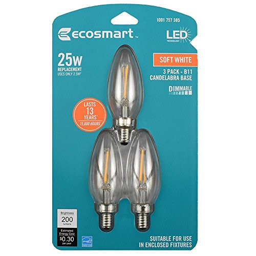 EcoSmart 25-Watt Equivalent B11 E12 Base Dimmable Clear Filament Vintage Style LED Light Bulb, Soft White (3-Pack)