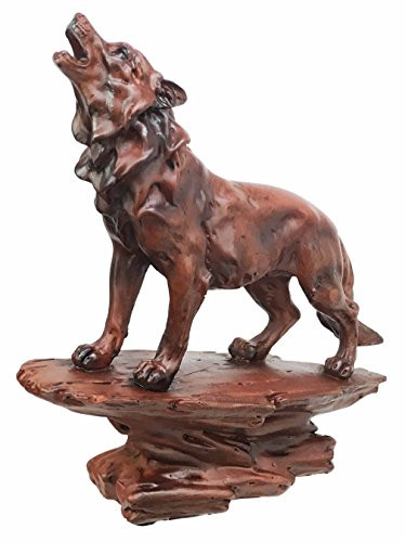 Ebros Gift Faux Wood Wildlife Nature Night Moon Howling Wolf Figurine Timberwolves Collectible Statue Mystic Animal Totem Spirit Dancing with Wolves Sculpture Home Decor