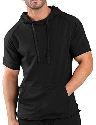 COOFANDY Men's Fashion Athletic Hoodies Pullover Muscle Fit Workout Gym Sweatshirt Cotton Short Sleeve Hooded T-Shirts