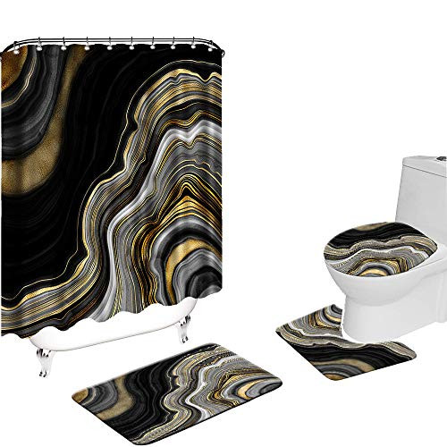 VividHome 4 Piece Marble Texture Shower Curtain Sets with Non-Slip Rugs Toilet Lid Cover and Bath Mat Cool Black and Gold Marble Shower Curtain with 12 Hooks Fabric Waterproof Bathroom Curtain