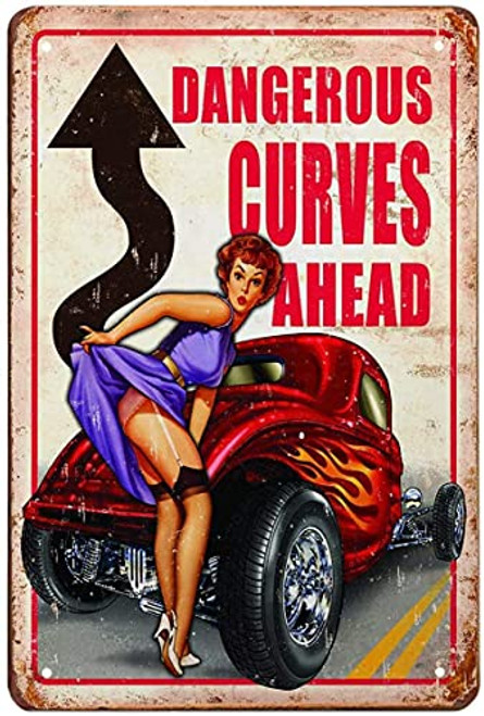 Retro Metal Tin Sign Curves Ahead Beauty Metal Tin Sign Metal Tin Sign Wall Decoration BarRestaurant Cafe Living Room Bedroom Garage 8x12 inch