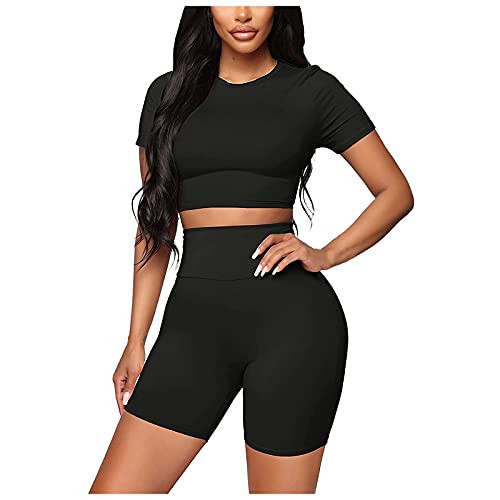 Women Seamless Yoga Outfits 2 Piece Set Workout Gym Shorts Short Sleeve Crop Top Yoga Outfits Tracksuits Activewear