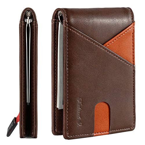 Thin Money Clip Wallet-RFID Blocking Slim Minimalist ID Outside Bifold Front Pocket Wallets Card Holder for Men -Brown-