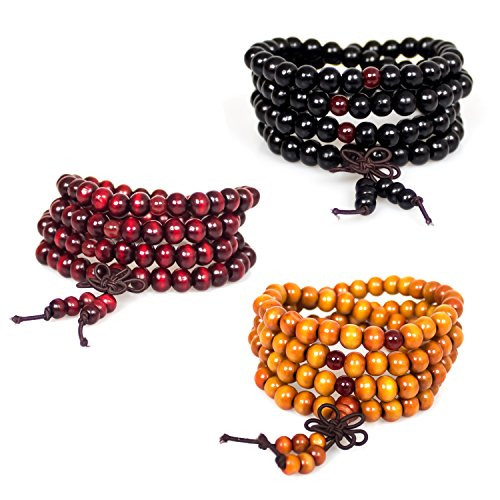 Bracelets3Pcs 108 8mm Wood Beaded Tibetan Buddhist Sandalwood Prayer Buddha Mala Beads Meditation Bracelet Necklace Elastic-Red Black Orange- Bracelets3Pcs 108 8mm Wood Beaded Tibetan Buddhist Sandalwood Prayer Buddha Mala Beads Meditation Bracelet Necklace Elastic-Red Black Orange-