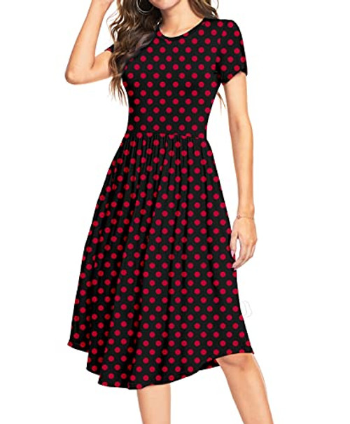 YUNDAI Women's Short Sleeve Polka Dot Casual Dress Pleated Loose Midi Dress with Pocket Medium Black-Red YUNDAI Women's Short Sleeve Polka Dot Casual Dress Pleated Loose Midi Dress with Pocket Medium Black-Red