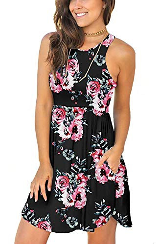 YUNDAI Women's Sleeveless Loose Plain Dresses Casual Short Dress with Pockets M Floral Black