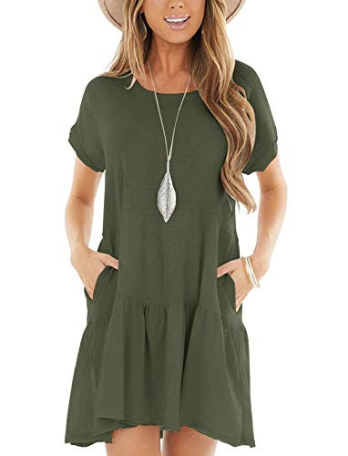 Minclouse Women's Short Sleeve Flowy Swing T Shirt Dress Baby Doll Cute Casual Pockets Dresses Green