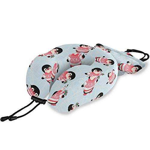 Xmas Penguin Travel Pillow Comfortable Memory Foam Neck Pillow Adjustable Camping Car Train Flight Airplane Pillow Full Chin Head Support Breathable Case Cover-a-