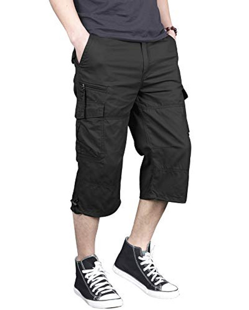 LABEYZON Men's 3-4 Long Capri Shorts Casual Elastic Waist Below Knee Twill Cotton Relaxed Fit Cargo Shorts with Multi-Pockets -Black 38- LABEYZON Men's 3-4 Long Capri Shorts Casual Elastic Waist Below Knee Twill Cotton Relaxed Fit Cargo Shorts with Multi-Pockets -Black 38-
