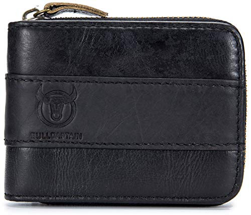 BULLCAPTAIN Genuine Leather Men Zipper Wallet Bifold RFID Blocking Wallet Large Capacity Multi Card Holder Coin Purse -Black-