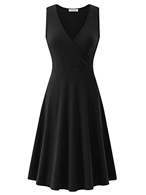 GUBERRY Womens Wrap V Neck Dress Black Cotton Flare Midi Surplice Dress