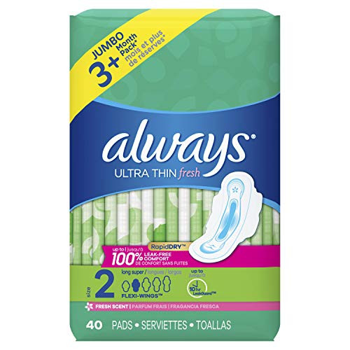 Always Ultra Thin Pads Size 2 Super Long Absorbency Scented with Wings 40 Count Packaging may vary