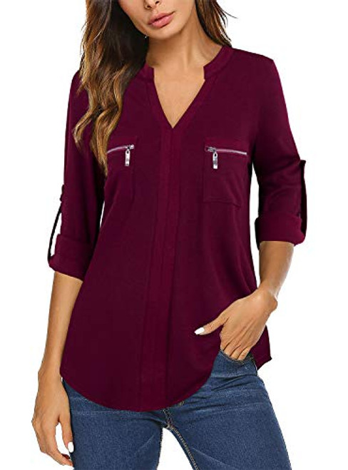 Bulotus Tunics for Women to Wearing with Leggings 3-4 Sleeve V Neck Casual Shirts Burgundy Medium