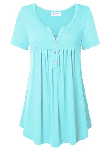 Ca Kra Ladies Plus Size Tops Women's Shirts and Blouses Short Sleeve Button Up Tunic Tops Light Blue XX-Large