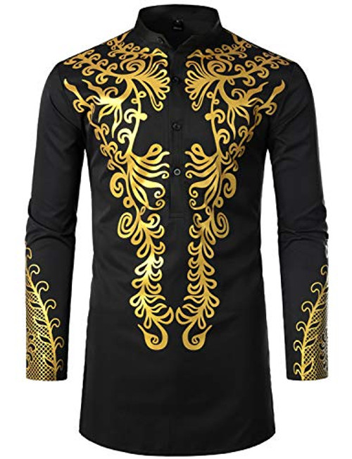 LucMatton Men's Luxury African Traditional Metallic Gold Printed Dashiki Shirt Black Small LucMatton Men's Luxury African Traditional Metallic Gold Printed Dashiki Shirt Black Small