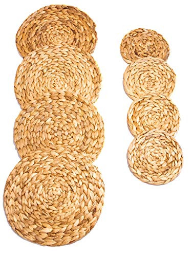 Set of 4 Rattan Placemats Bundled with Coasters Natural Water Hyacinth Placemats Round Woven Table Mats 11.8 diam.