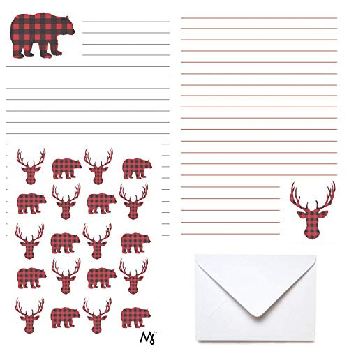Bear Deer Stationery Set - Woodland Stationery Paper for Writing Letters - Paper and Envelopes Set comes with 50 Letter Sheets 25 Envelopes 20 Stickers